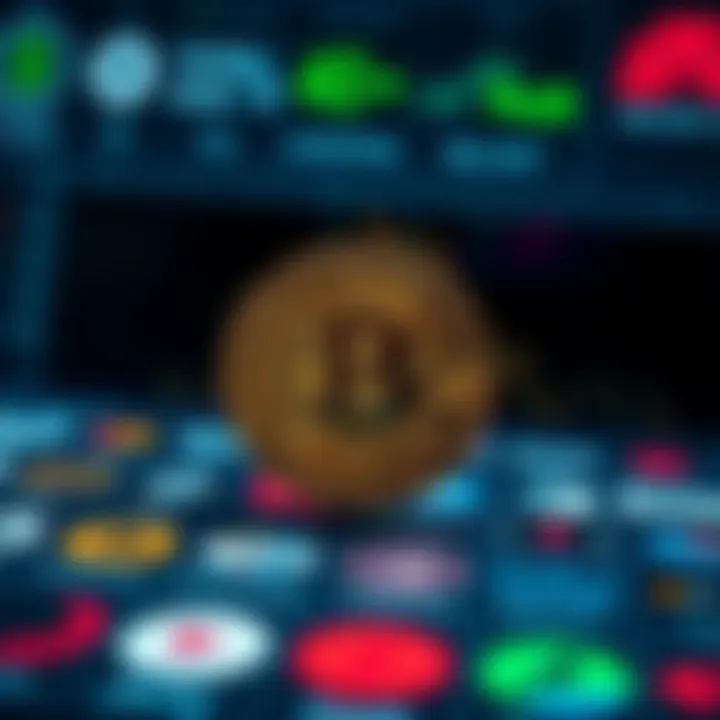 A digital coin symbol overlaid on a background of major exchange icons, showing uncertainty in the market