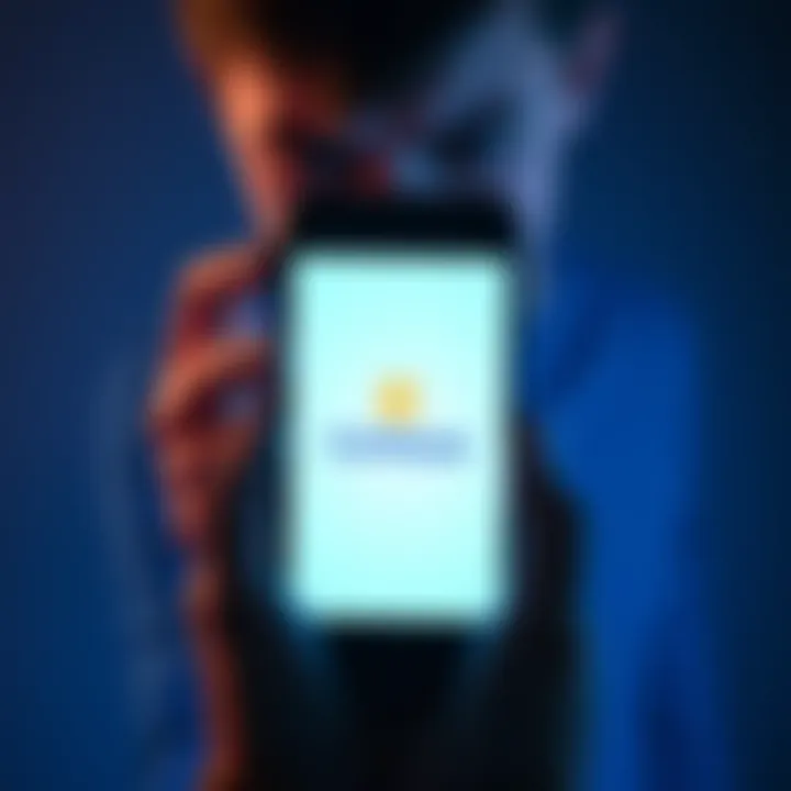 Frustrated person looking at a frozen smartphone screen displaying the Coinbase app