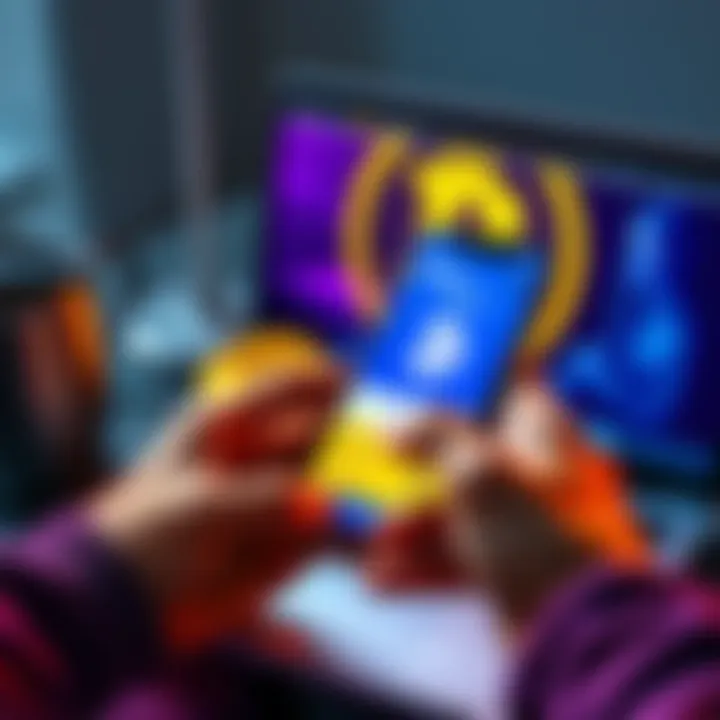 A person checks their Bitcoin balance on the Coinbase app with a laptop and Bitcoin logo in the background