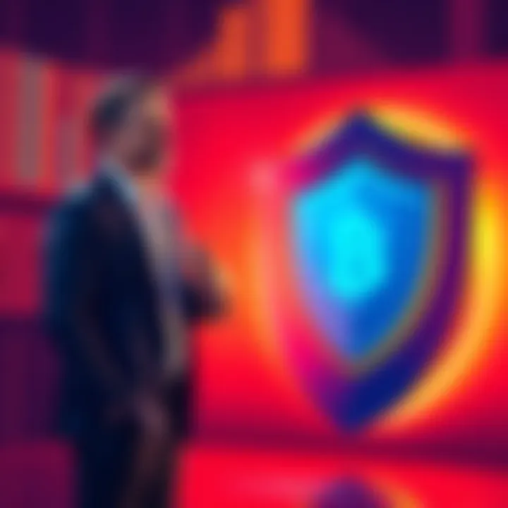 Coinbase CEO Brian Armstrong standing next to a large security shield symbolizing investment in user safety