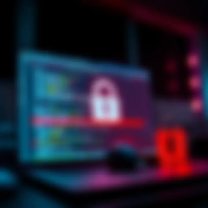 A visual representation of a data breach with a computer screen showing leaked information and a lock symbol to indicate compromised security.