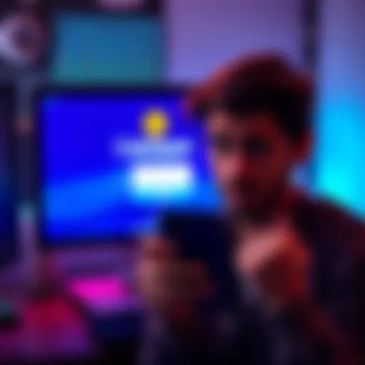 A person looking frustrated at a computer screen showing a Coinbase login page while holding a phone without service.