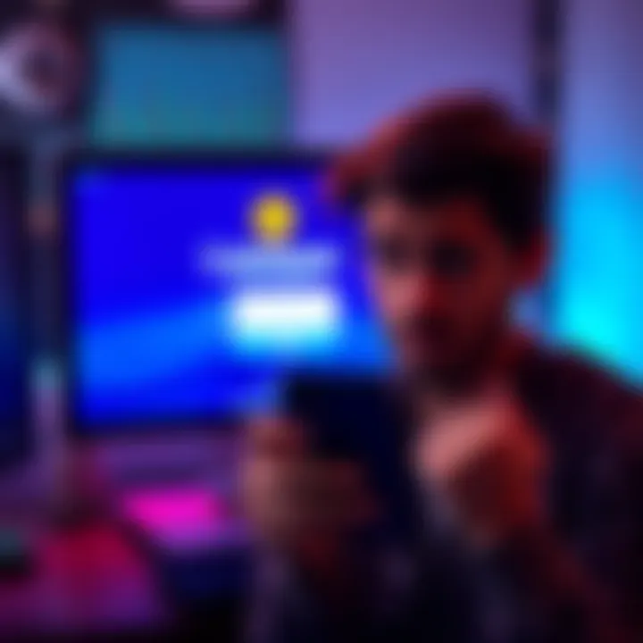 A person looking frustrated at a computer screen showing a Coinbase login page while holding a phone without service.