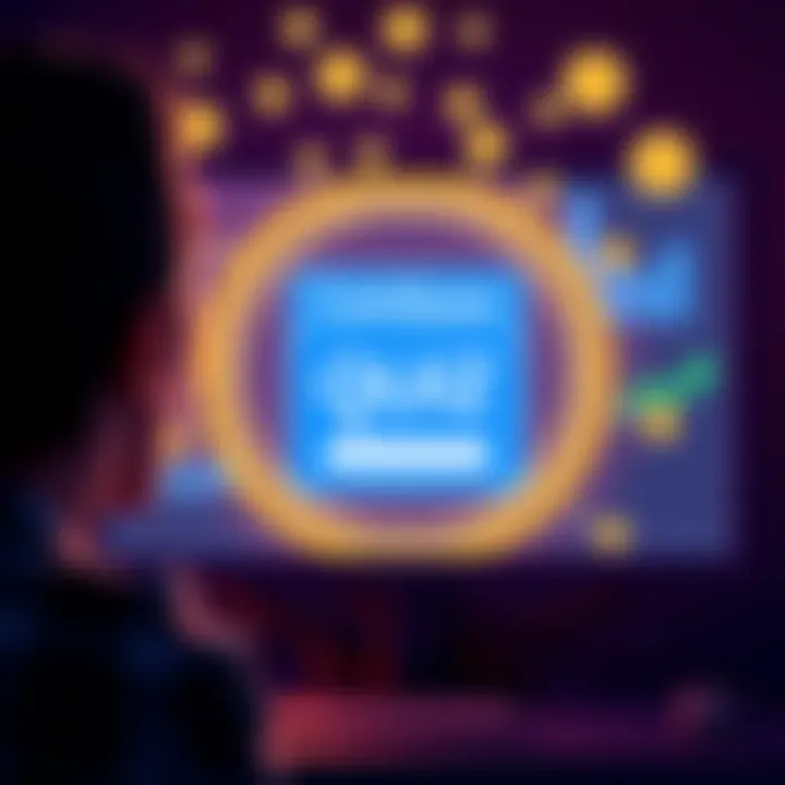 A person looking confused in front of a computer screen showing a Coinbase quiz requirement, symbols of investment around them.