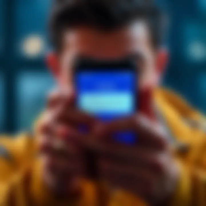 A person looking at a phone displaying a suspicious text message about Coinbase, showing signs of caution.