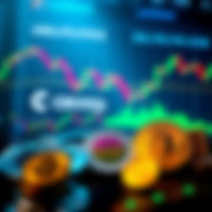 A comparison of Coinbase stock and cryptocurrency value, showing stock market charts and digital currency icons.