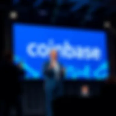 Brian Armstrong speaking at a live event about Coinbase's 2026 product strategy on a stage with a digital screen in the background