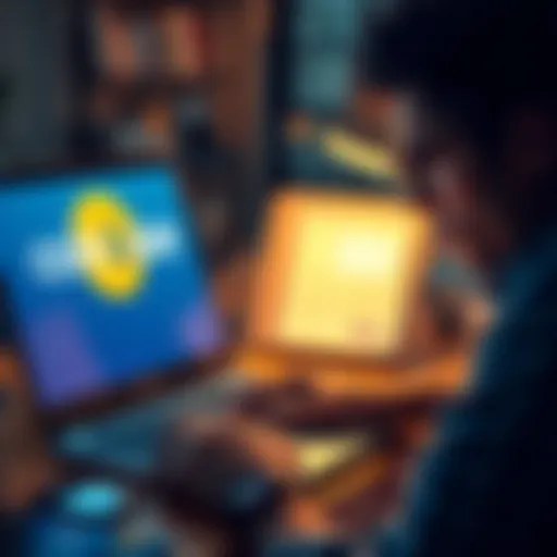 A person looking frustrated while using a laptop, with a Coinbase logo on the screen and a bank transfer form displayed