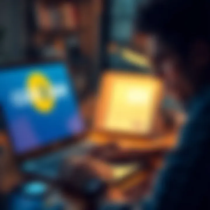 A person looking frustrated while using a laptop, with a Coinbase logo on the screen and a bank transfer form displayed