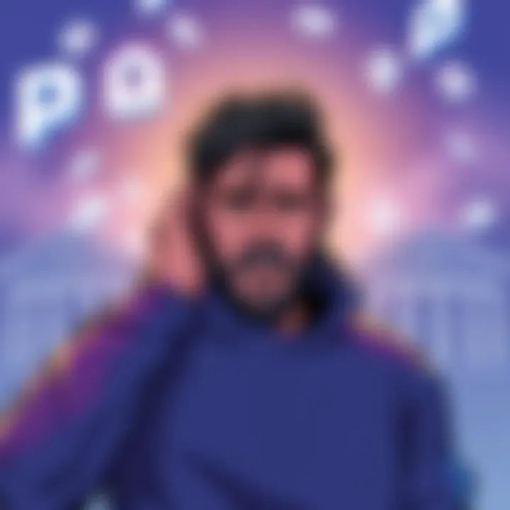 Illustration showing a person frustrated with Coinbase's withdrawal options limited to PayPal, with bank symbols in the background, representing bank account links that are ineffective.
