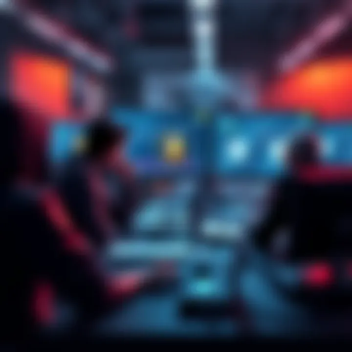 A team reviewing security measures in an office setting, with graphs and Monero logo visible on screens.