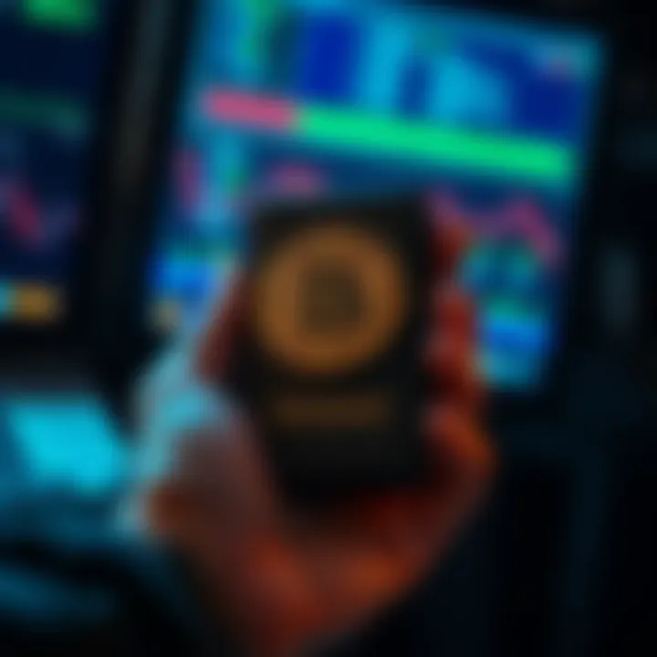 A person holding a Trezor cold wallet device to secure Bitcoin. The focus is on the wallet with a digital screen displaying cryptocurrency information.