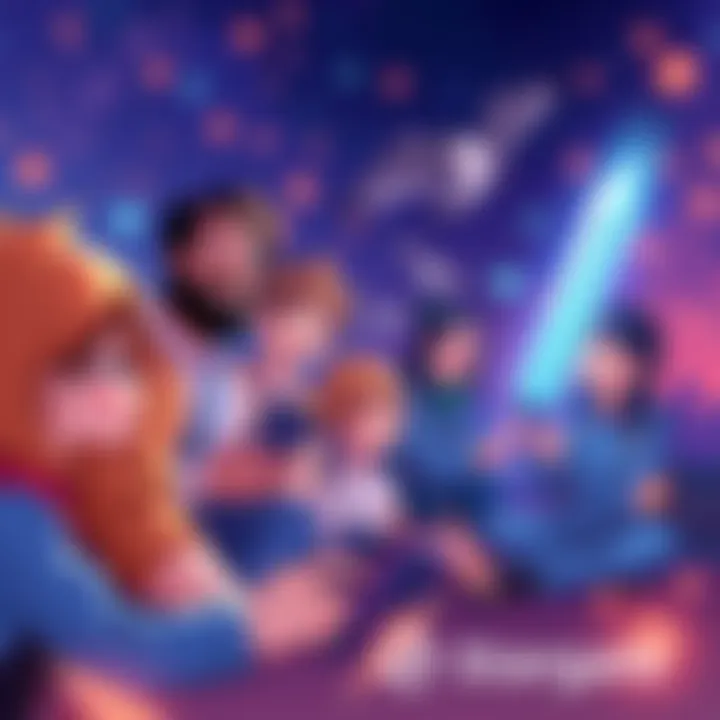 Illustration depicting the collaboration of Stargate, LayerZero, and Crow with Knife, showcasing families engaging with blockchain technology features.