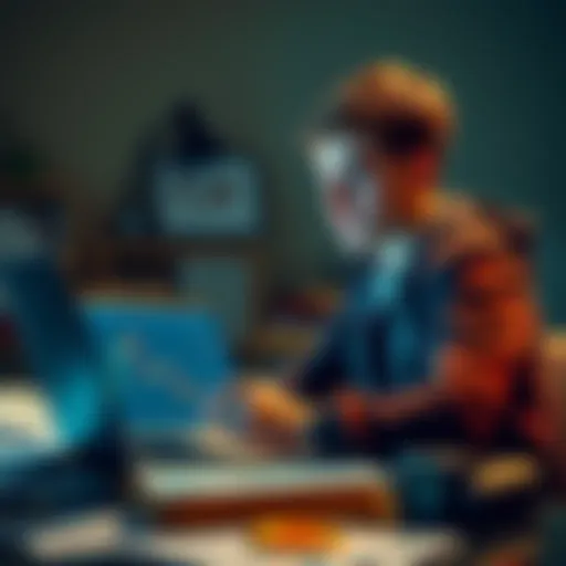 College Student Investing in Bitcoin A college student looks at Bitcoin charts on a laptop, surrounded by financial papers and a worried expression, contemplating a $45,000 investment.