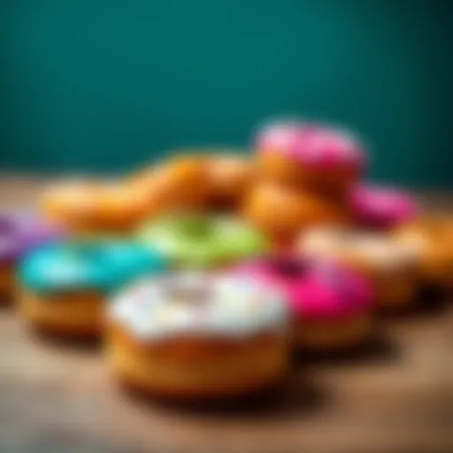 A variety of colorful donuts displayed on a wooden table, highlighting their shapes and frosted toppings