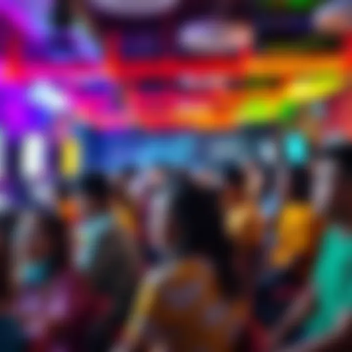 A vibrant game room filled with diverse people engaging in a visually captivating game, despite the lack of financial rewards.