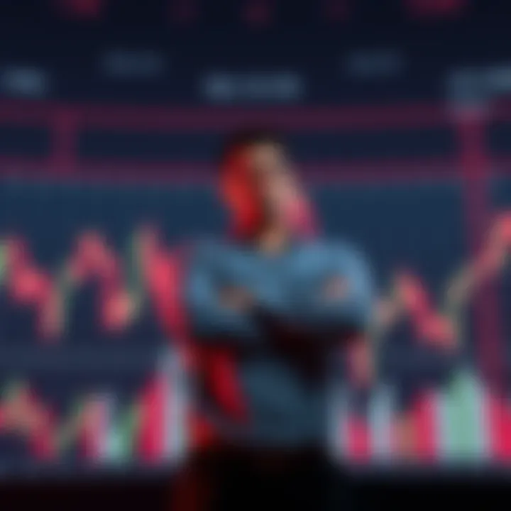 A person standing firm with arms crossed, showing determination against a backdrop of fluctuating market graphs.