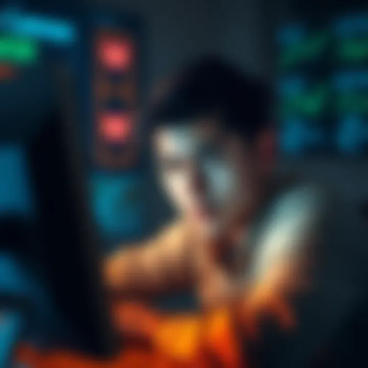 A person looking at a computer screen with a worried expression, indicating concern over online scams.