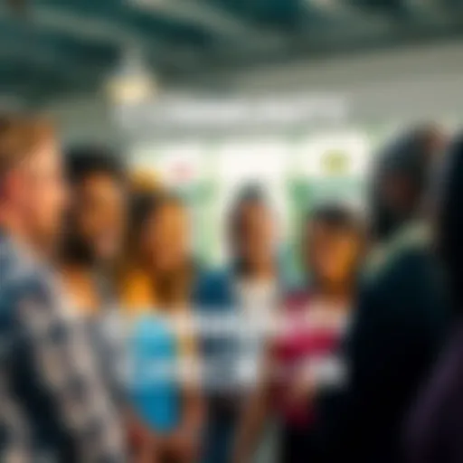 A group of diverse people gathered, smiling and talking together in a casual setting, encouraging engagement and connection.