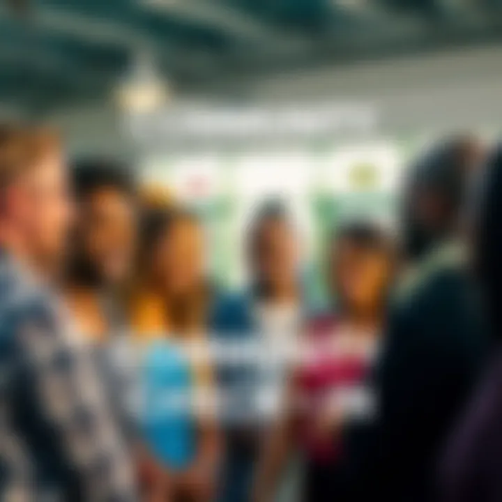 A group of diverse people gathered, smiling and talking together in a casual setting, encouraging engagement and connection.