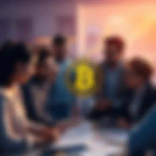 A diverse group of people engaged in conversation about the $Pi project, showing enthusiasm for its community and future, with charts and documents in the foreground.