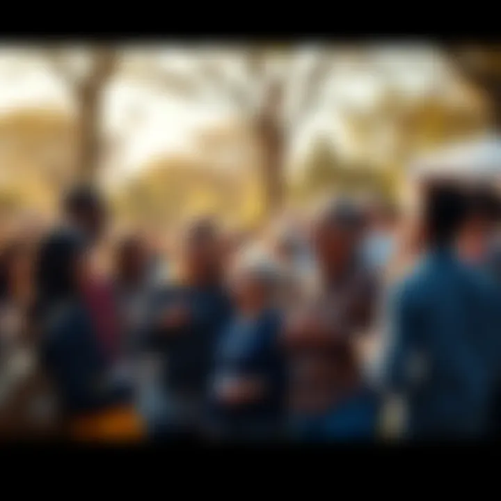 A vibrant crowd of people from different backgrounds and ages sharing ideas at a community event in a park.