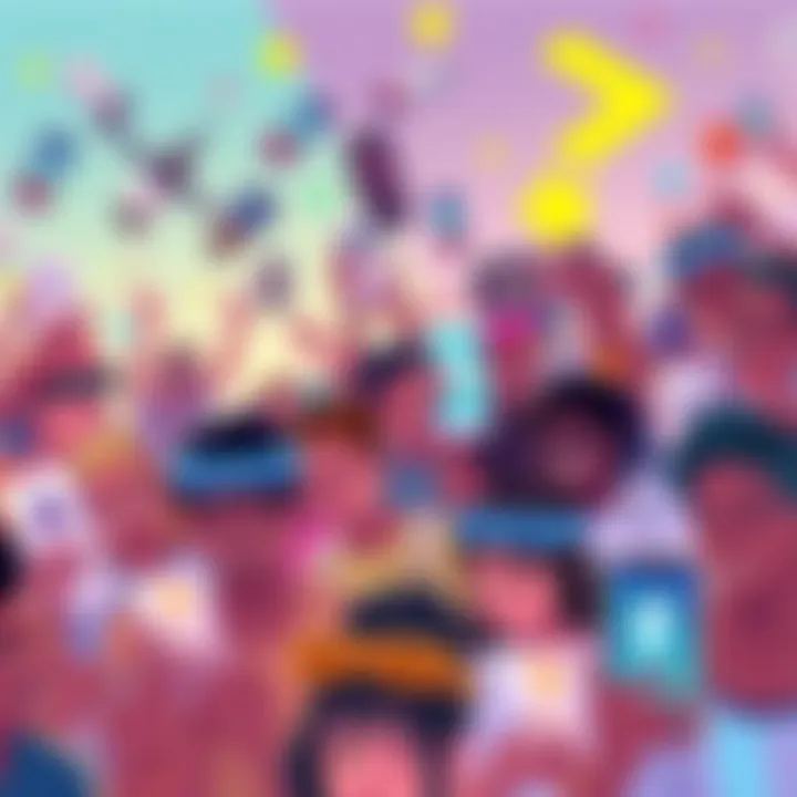 A vibrant illustration of a diverse group of people sharing memes related to DeFi, showcasing dynamic interactions and excitement in the community.