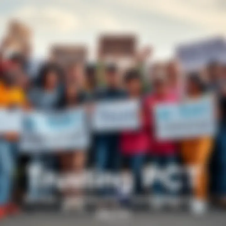 A group of diverse people standing together, showing support for the PCT project, with banners and signs promoting trust in the community.