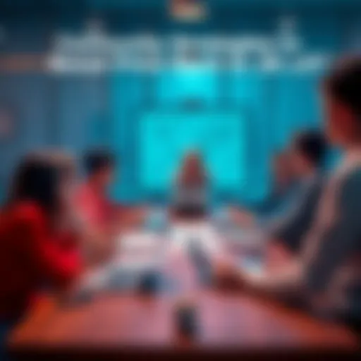 A group of people gathered around a table discussing ideas to raise asset prices, with charts and notes in front of them