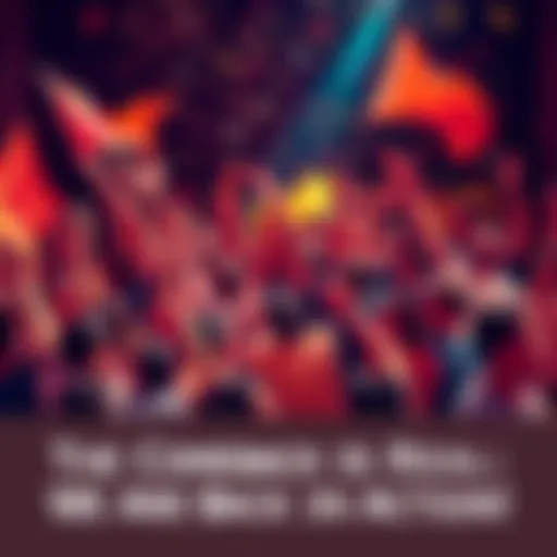 A crowd of people joyfully celebrating together, filled with energy and excitement, waving banners and cheering, embodying a spirit of revival and unity.
