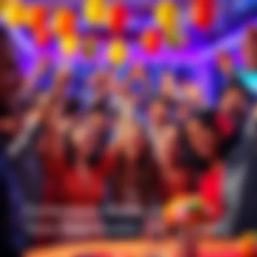 A group of excited people celebrating together, with colorful decorations and smiles all around.