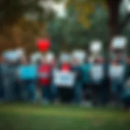 A group of people gathered in a park, holding signs and smiling in appreciation of Chris's contributions to the community.