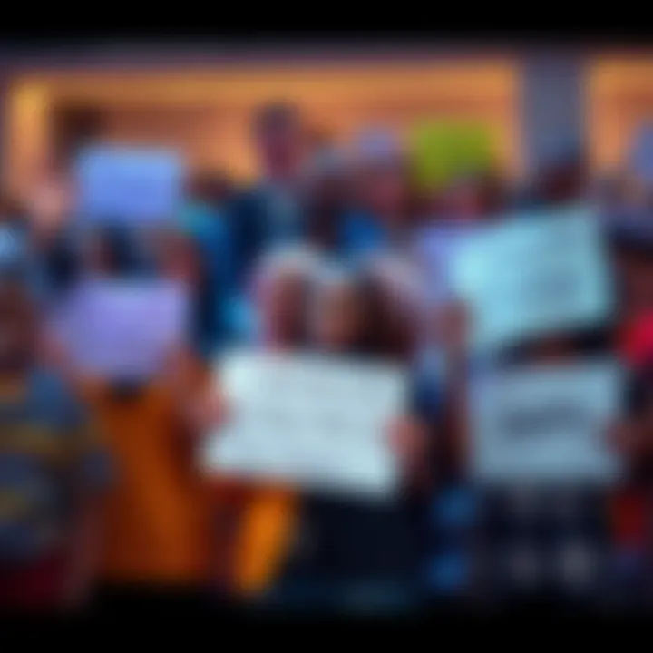 A group of diverse people gathered together, sharing smiles and holding signs that promote hope and community engagement, symbolizing positive change.