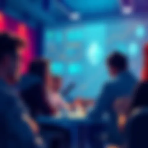People discussing the Stand with Crypto initiative with Ethereum graphics in the background