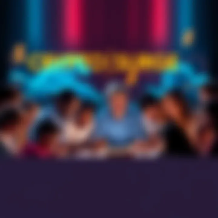 A group of enthusiastic people gathered around devices, discussing the upcoming FLUD crypto launch with graphics of waves and dollar signs in the background.