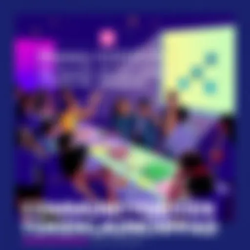 A visual representation of a vibrant community celebrating the launch of a new rewards token, with people engaging around a digital platform, showing excitement and collaboration.