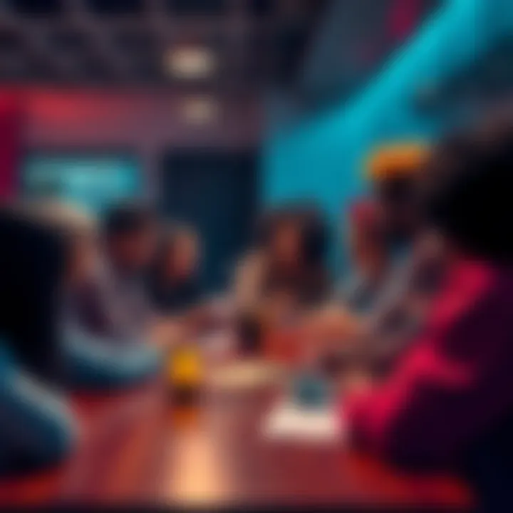 A diverse group of people gathered around a table, discussing and sharing ideas, representing community connection.