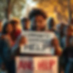 A community member holding a sign asking for urgent assistance, surrounded by supportive friends and neighbors