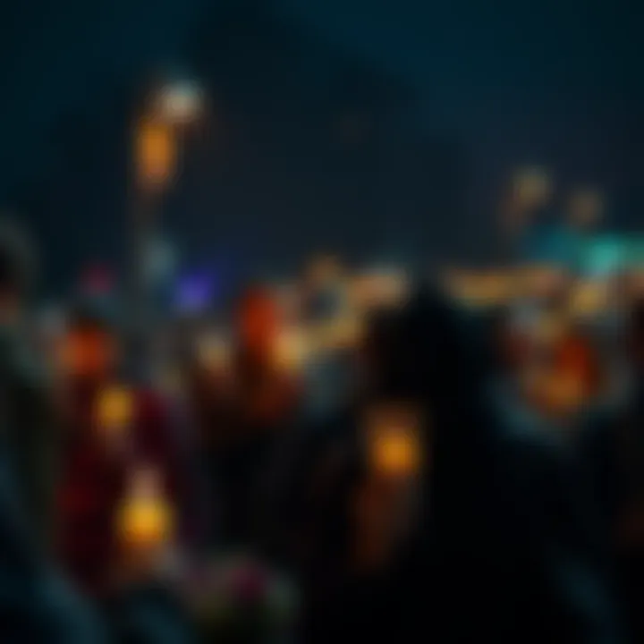 People gather in a somber atmosphere, holding candles and flowers to honor the victims of the massacre.