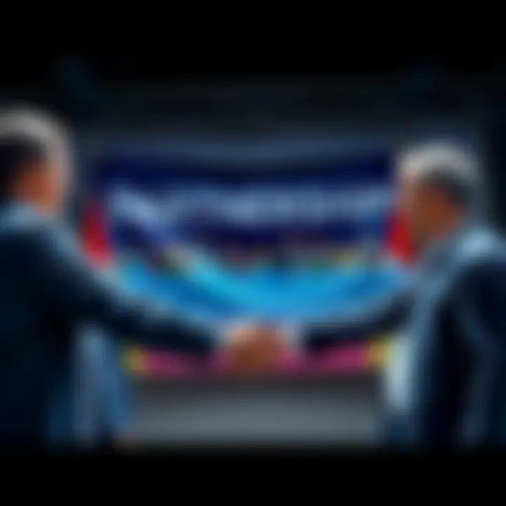 People shaking hands in front of a banner celebrating a new partnership for local growth
