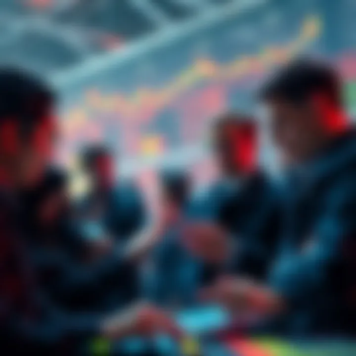 A group of traders discussing market strategies while looking at price charts, showing a strong community vibe amidst market changes.