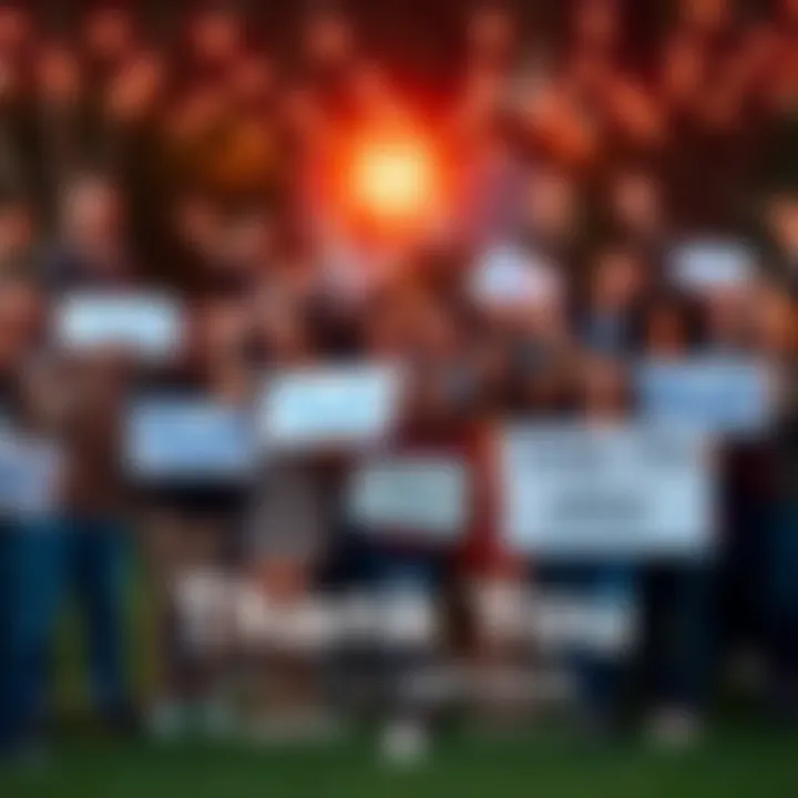 A diverse group of people celebrating service with smiles and gratitude, holding thank you signs in a park setting.