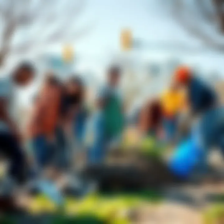 A diverse group of people participating in a community cleanup, showing teamwork and social responsibility