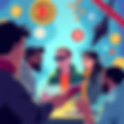 An illustration showing a diverse group of people collaborating on digital token projects, with a focus on community and rewards, surrounded by symbols of technology and finance.