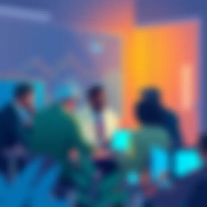 A vibrant illustration of a diverse group of traders discussing strategies online, with digital graphs and community icons