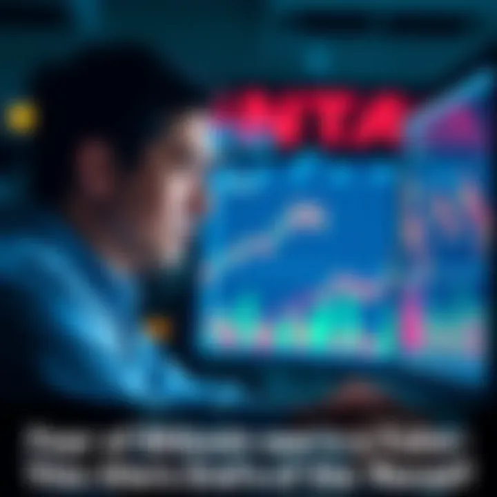 A worried investor looking at Bitcoin charts on a computer screen, showing declining trends and uncertainty