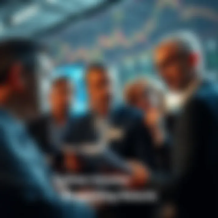 Group of investors discussing and analyzing stock market trends with expressions of concern and frustration