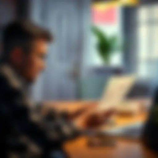 A worried son checks his father's bank statement, noticing an unexpected charge from Coinbase, while sitting at a table with a laptop and a phone in front of him.