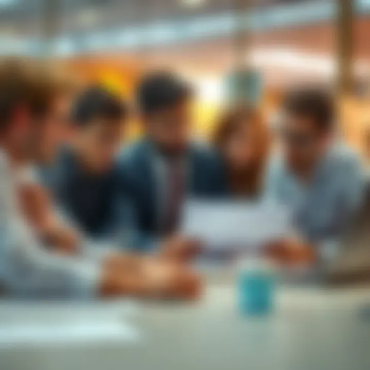 A group of investors discussing issues related to a POS project, looking concerned and analyzing documents on a table.