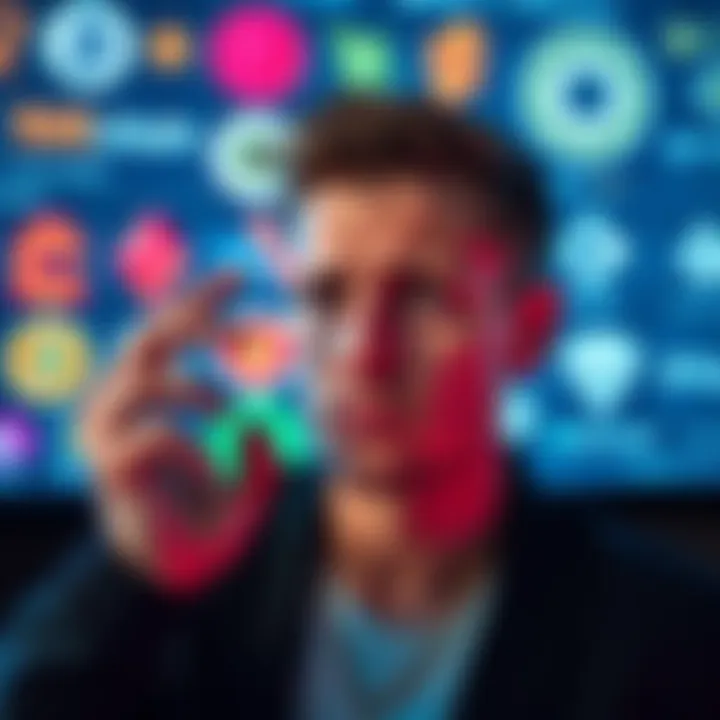 A person with a puzzled expression examines various crypto logos on a screen, symbolizing marketing confusion in the crypto space.